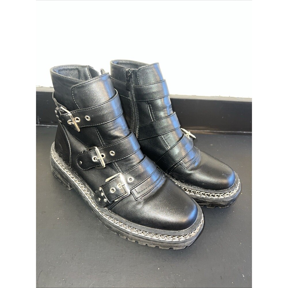Women's Black Buckle Strap Combat Moto Boots